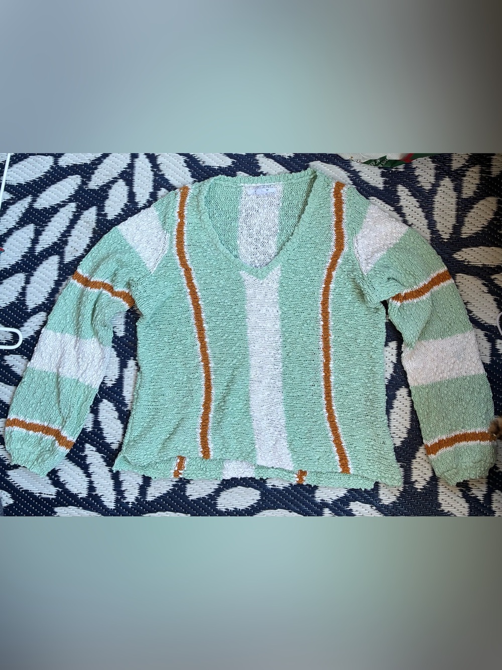 O'Neill Mint Green, White & Rust Striped V-Neck Summer Sweater